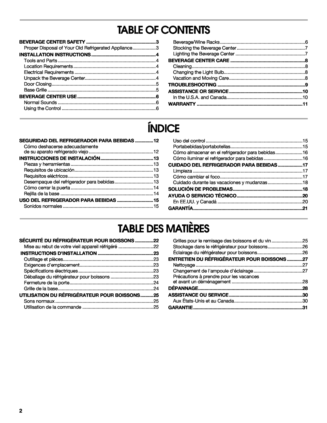 Jenn-Air 2300280B, 8.34E+12 manual Table Of Contents, Índice, Table Des Matières 