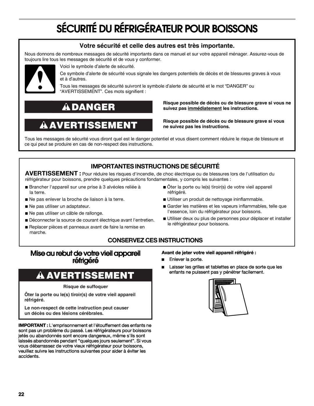 Jenn-Air 2300280B Sécurité Du Réfrigérateur Pour Boissons, Danger Avertissement, Importantes Instructions De Sécurité 