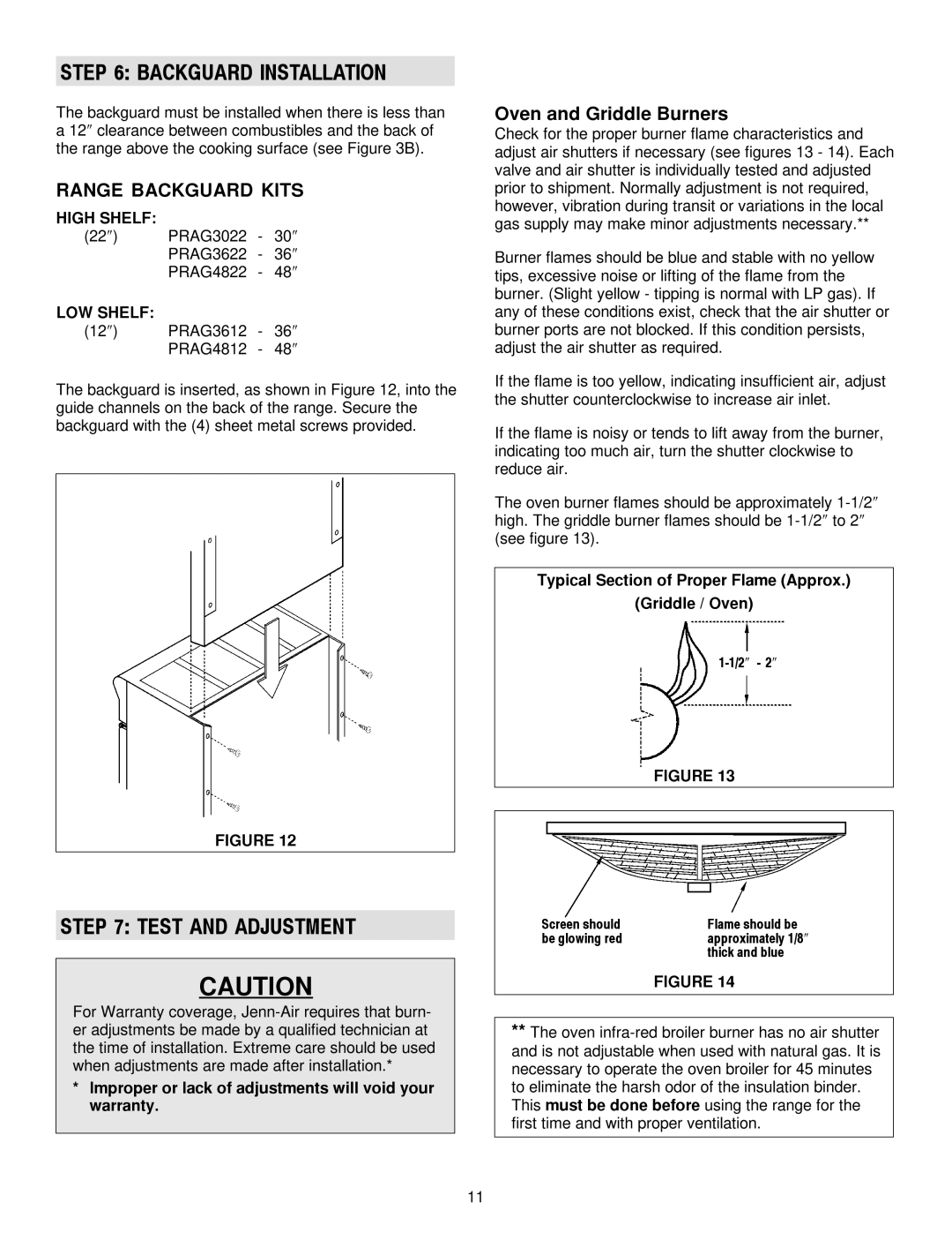 Jenn-Air 30, 36 manual Backguard Installation, Test and Adjustment, Range Backguard Kits, Oven and Griddle Burners 