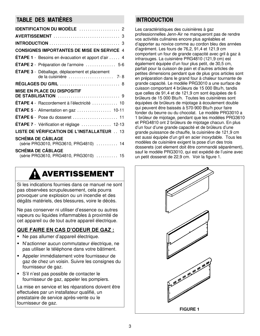 Jenn-Air 30, 36 manual Table DES Matières, QUE Faire EN CAS D’ODEUR DE GAZ, Mise EN Place DU Dispositif 