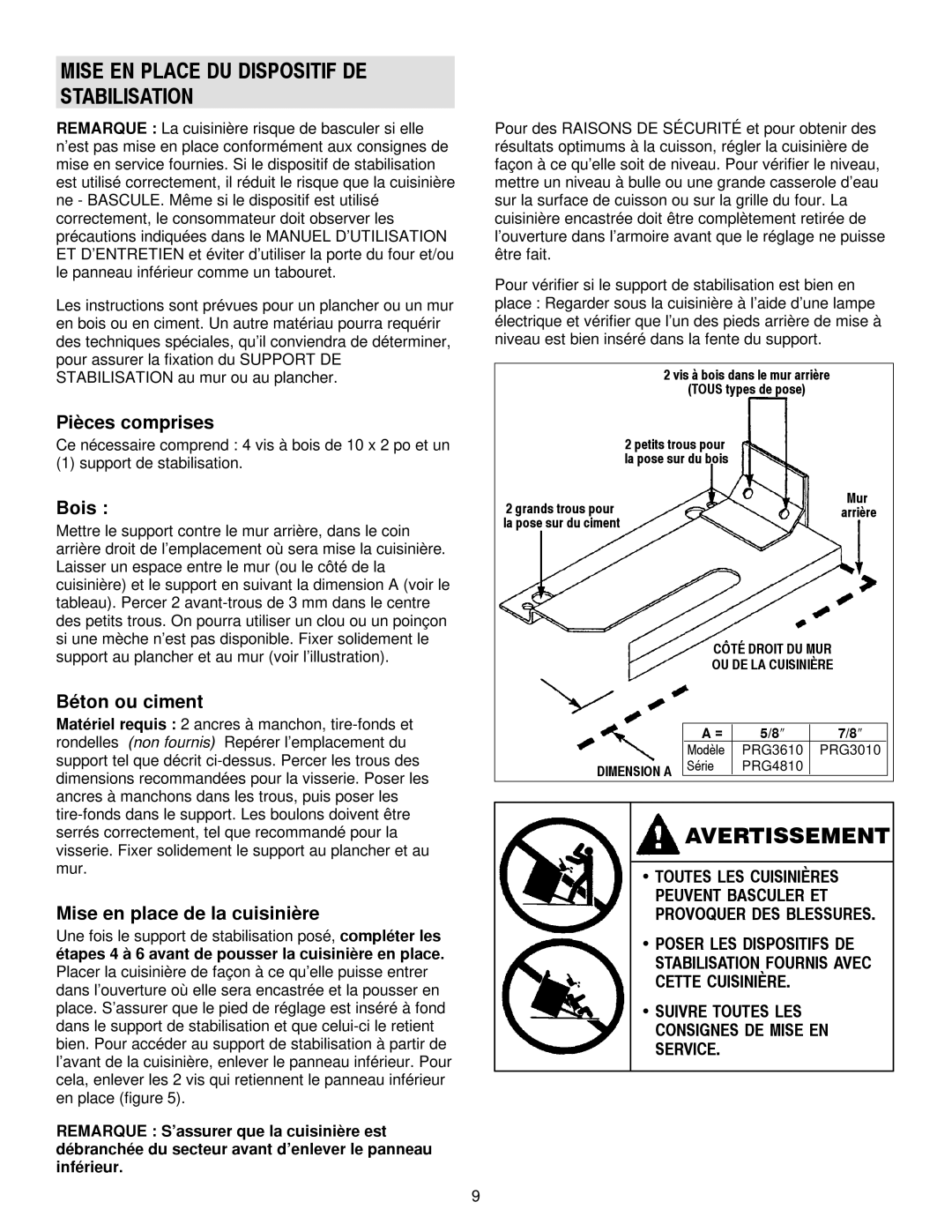 Jenn-Air 30, 36 manual Avertissement, Pièces comprises, Bois, Béton ou ciment, Mise en place de la cuisinière 