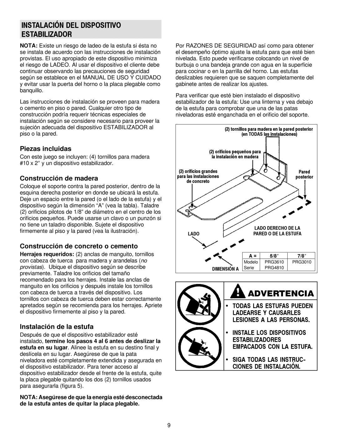 Jenn-Air 30 Instalación DEL Dispositivo Estabilizador, Piezas incluidas, Construcción de madera, Instalación de la estufa 