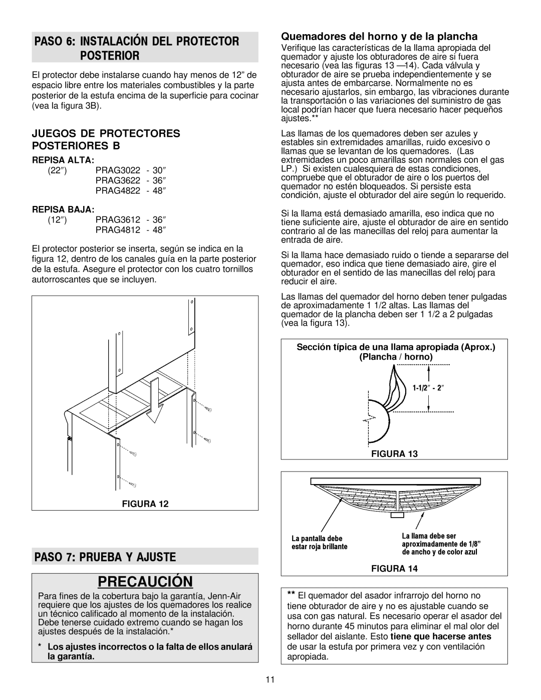 Jenn-Air 30, 36 Paso 6 Instalación DEL Protector Posterior, Paso 7 Prueba Y Ajuste, Juegos DE Protectores Posteriores B 