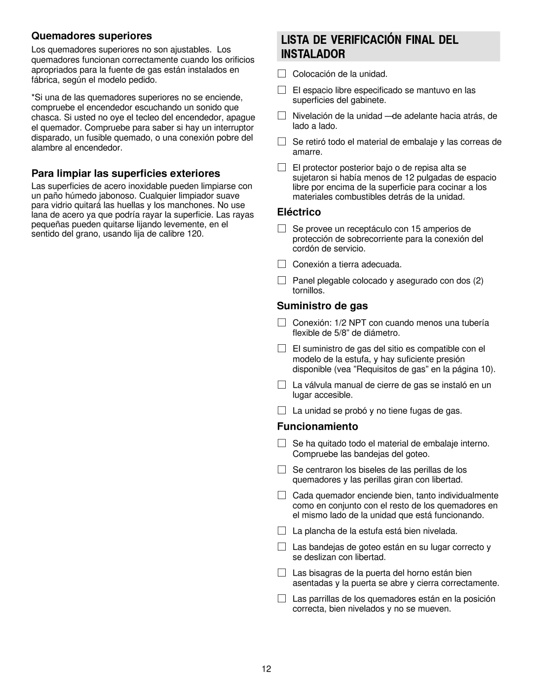 Jenn-Air 36, 30 manual Lista DE Verificación Final DEL Instalador 