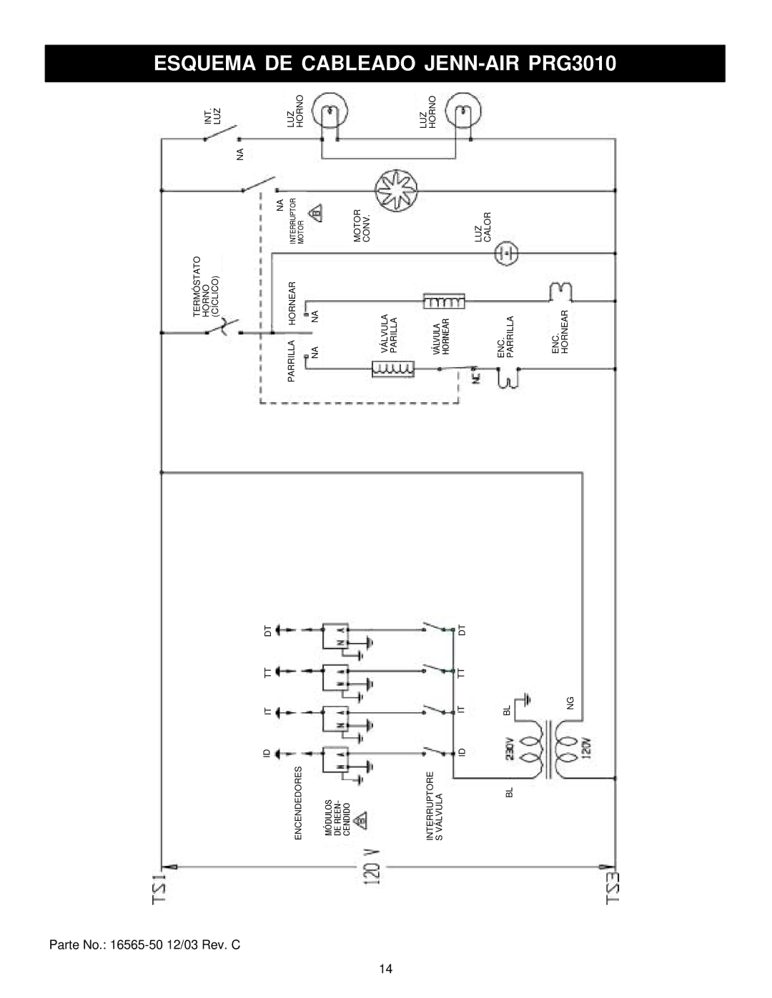 Jenn-Air 36 manual Esquema DE Cableado JENN-AIR PRG3010 