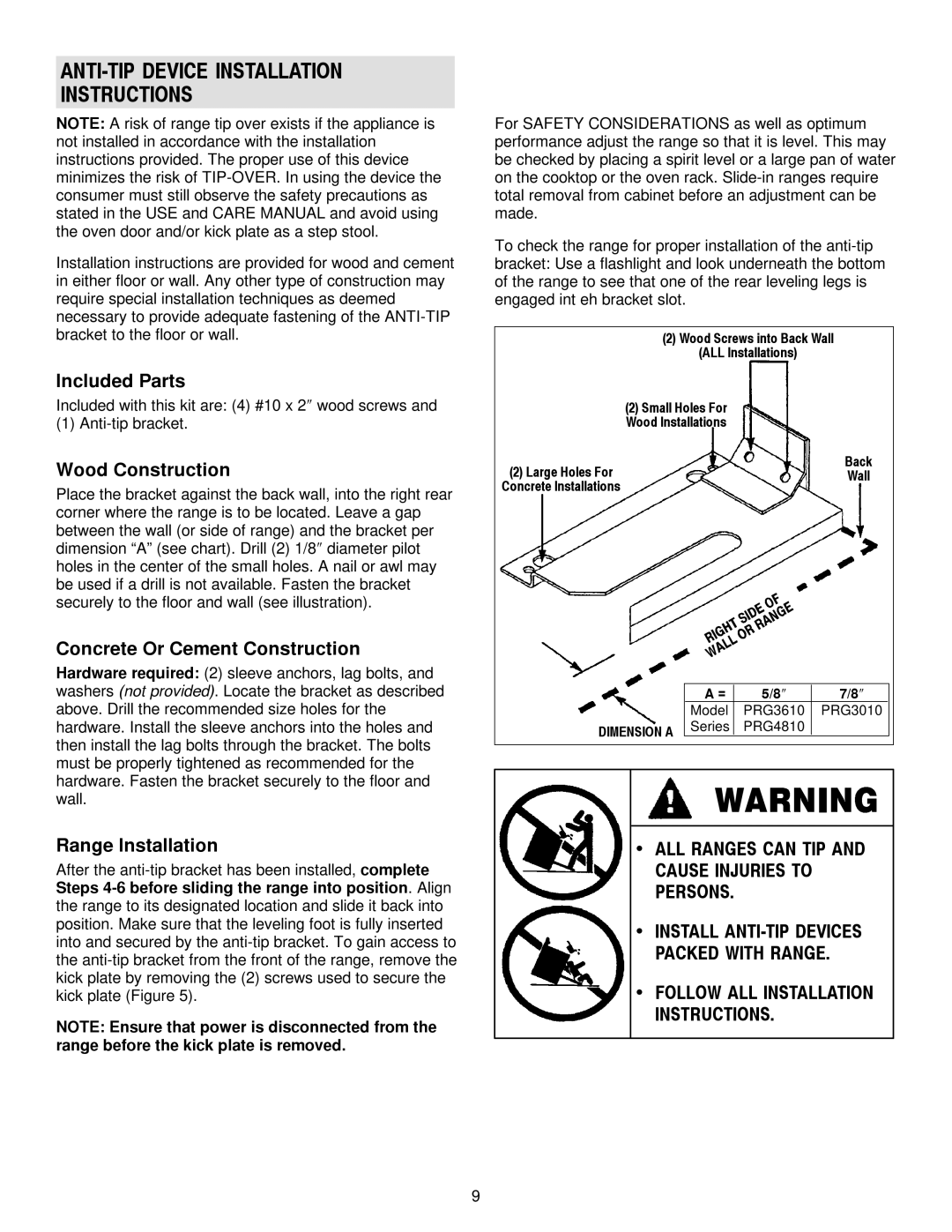 Jenn-Air 30 ANTI-TIP Device Installation Instructions, Included Parts, Wood Construction, Concrete Or Cement Construction 