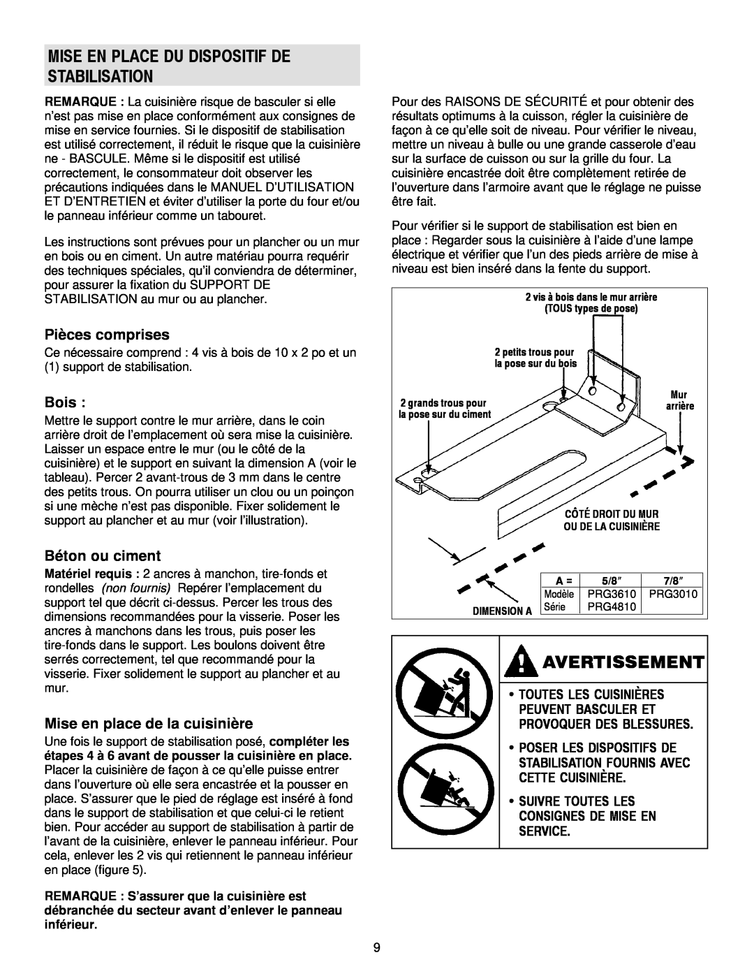 Jenn-Air 30, 36 manual Avertissement, Mise En Place Du Dispositif De Stabilisation, Pièces comprises, Bois, Béton ou ciment 