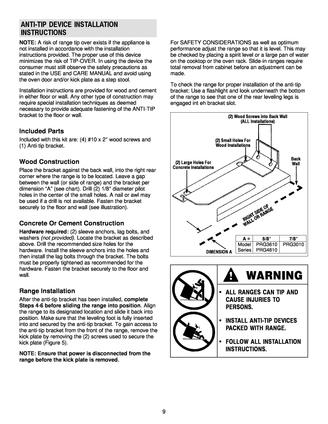 Jenn-Air 30 Anti-Tipdevice Installation Instructions, Included Parts, Wood Construction, Concrete Or Cement Construction 