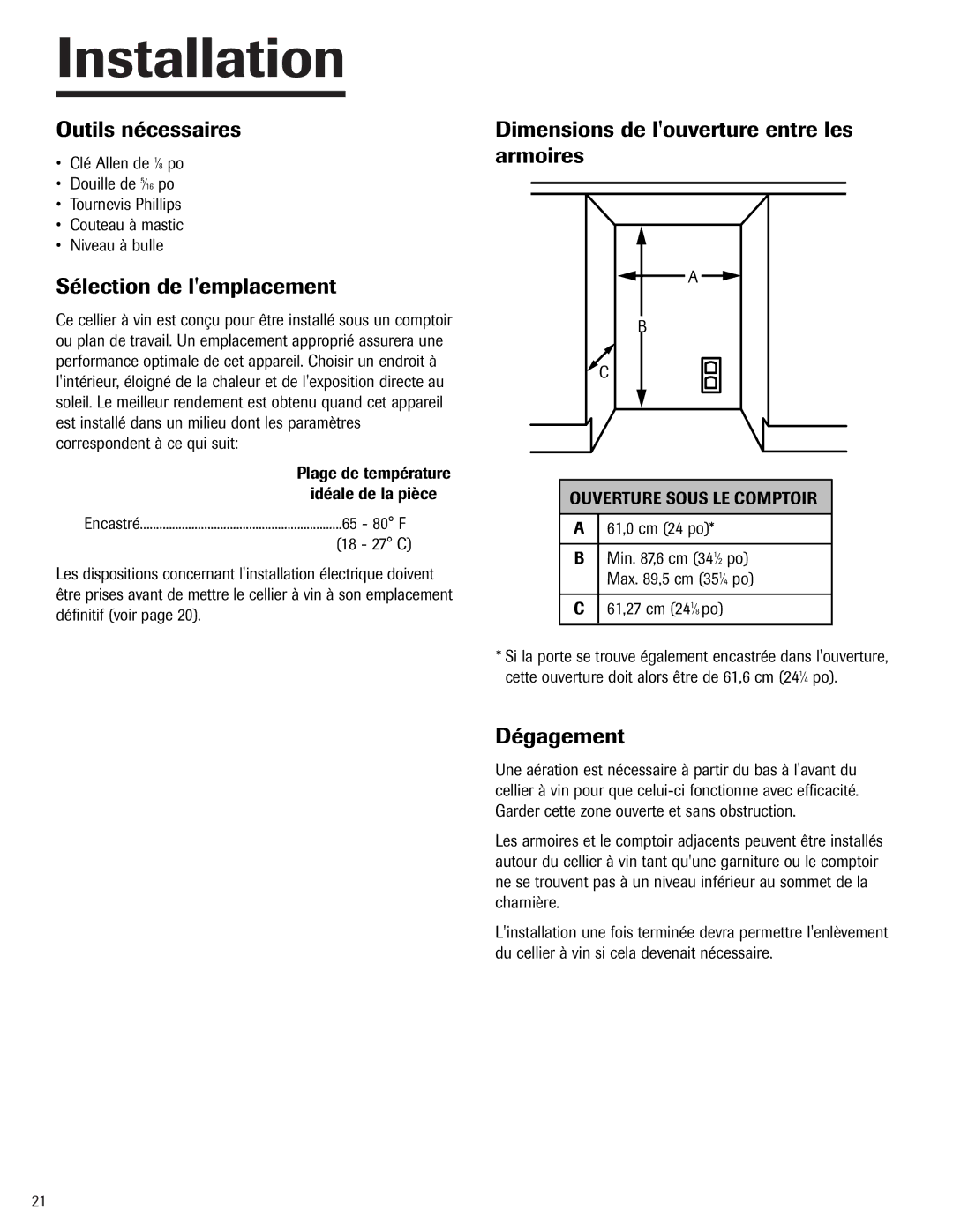 Jenn-Air 41007605 Outils nécessaires, Sélection de lemplacement, Dimensions de louverture entre les armoires, Dégagement 