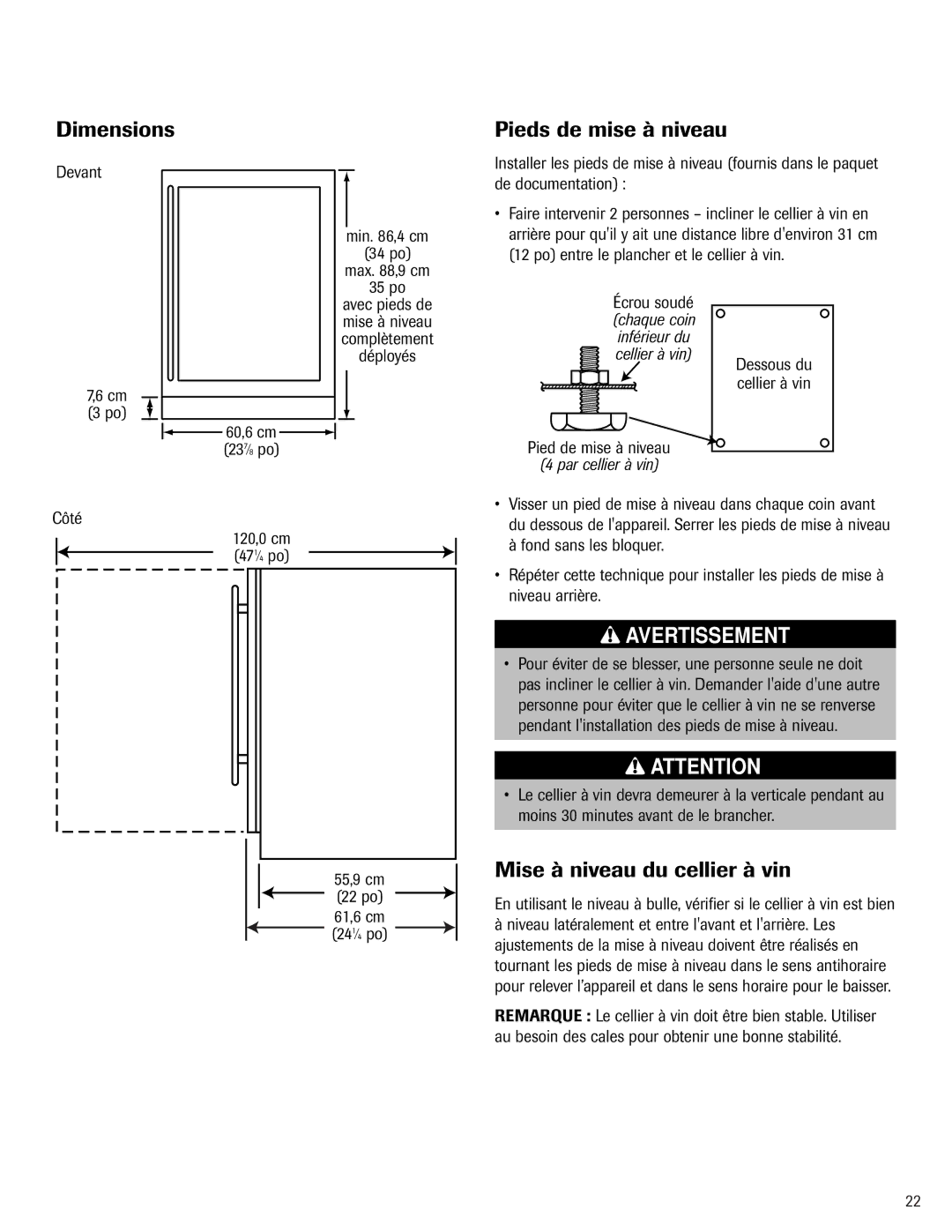 Jenn-Air 41007605 warranty Dimensions, Pieds de mise à niveau, Mise à niveau du cellier à vin 