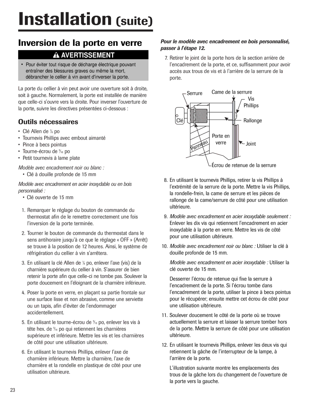 Jenn-Air 41007605 warranty Installation suite, Inversion de la porte en verre 