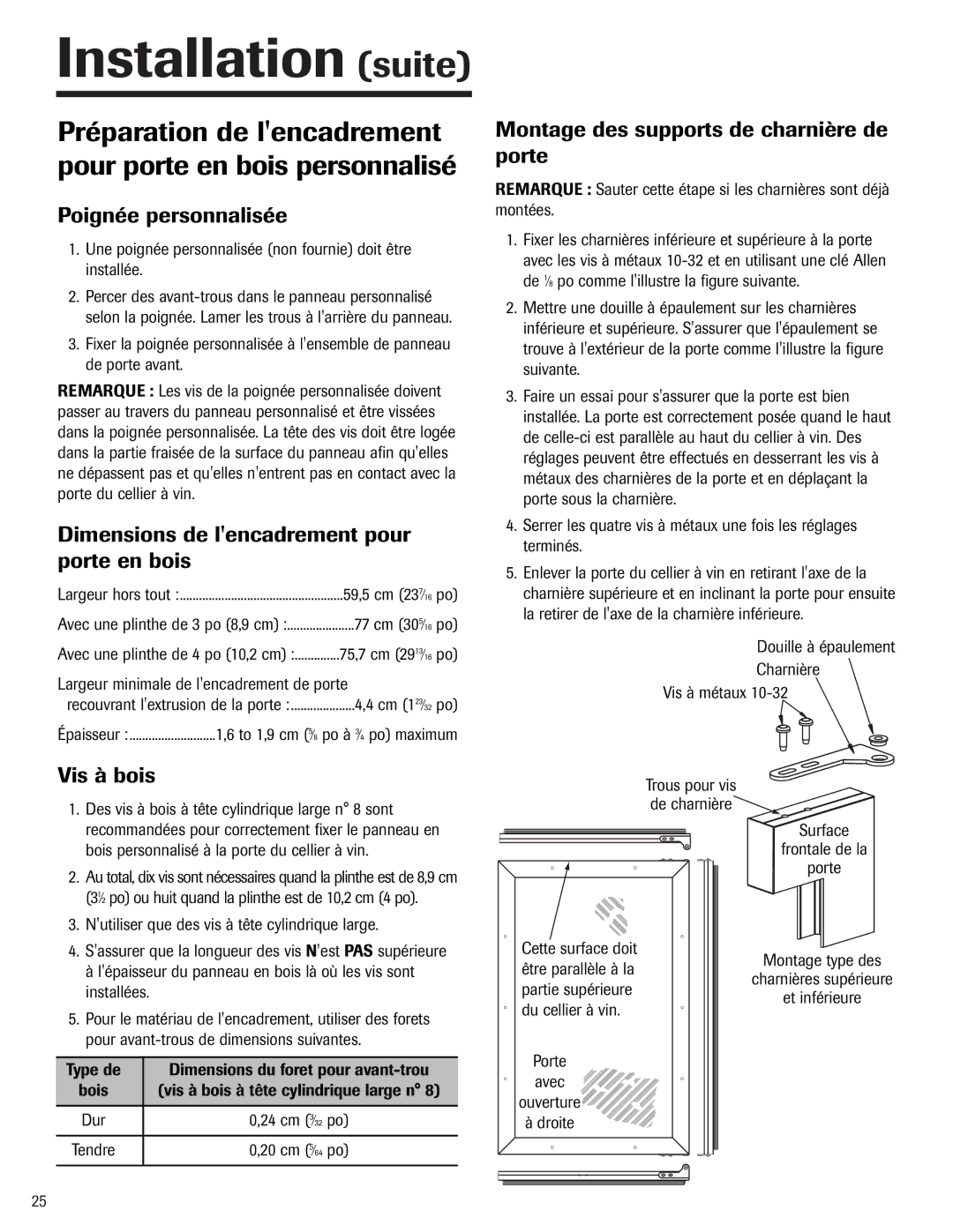 Jenn-Air 41007605 warranty Préparation de lencadrement pour porte en bois personnalisé, Poignée personnalisée, Vis à bois 