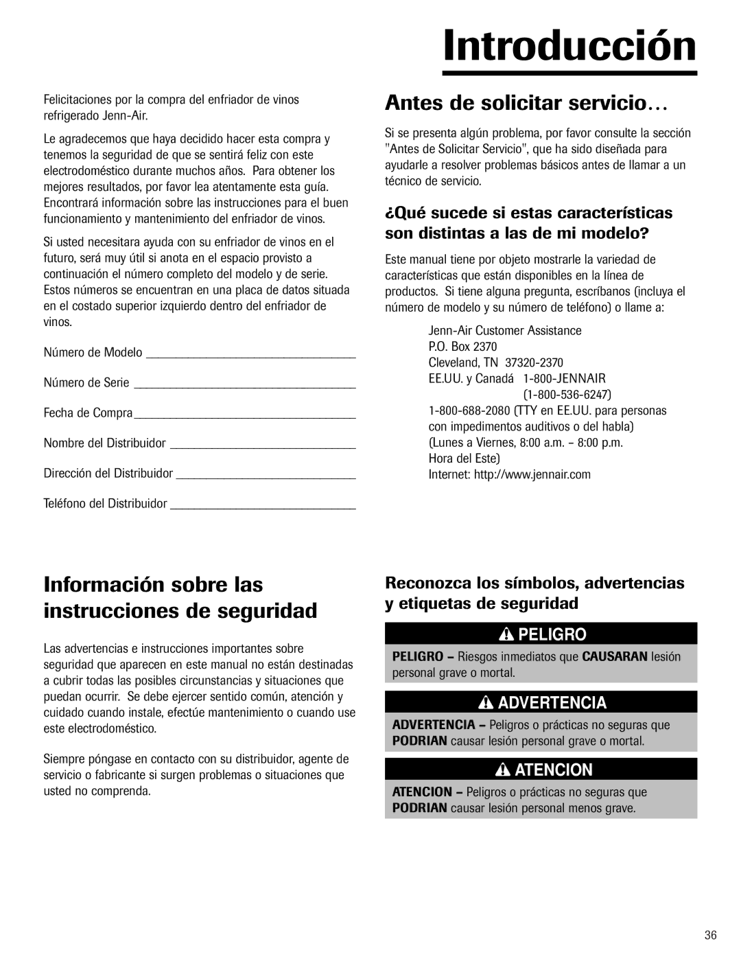 Jenn-Air 41007605 warranty Introducción, Antes de solicitar servicio…, Información sobre las instrucciones de seguridad 