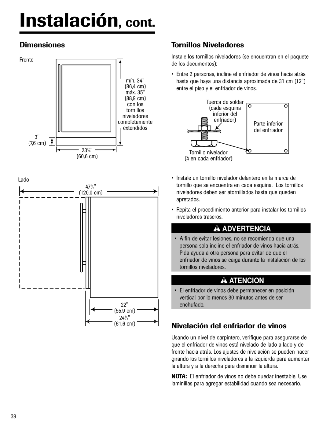 Jenn-Air 41007605 warranty Instalación, Dimensiones, Tornillos Niveladores, Nivelación del enfriador de vinos, Frente Mín 