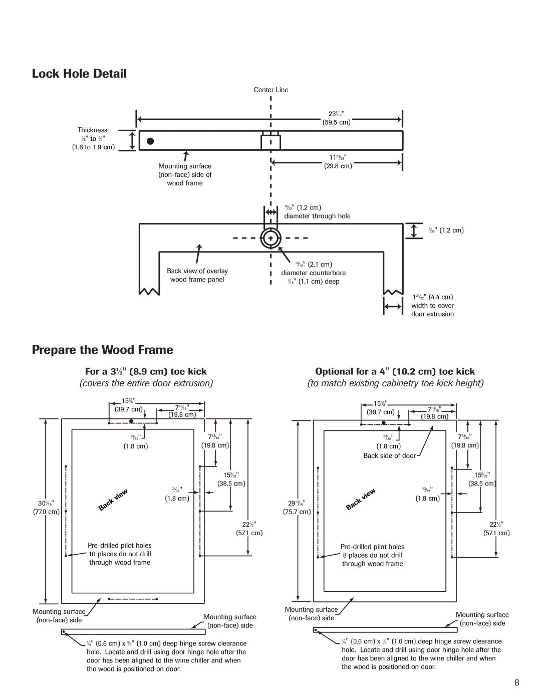 Jenn-Air 41007605 warranty Lock Hole Detail, Prepare the Wood Frame, Optional for a 4 10.2 cm toe kick 
