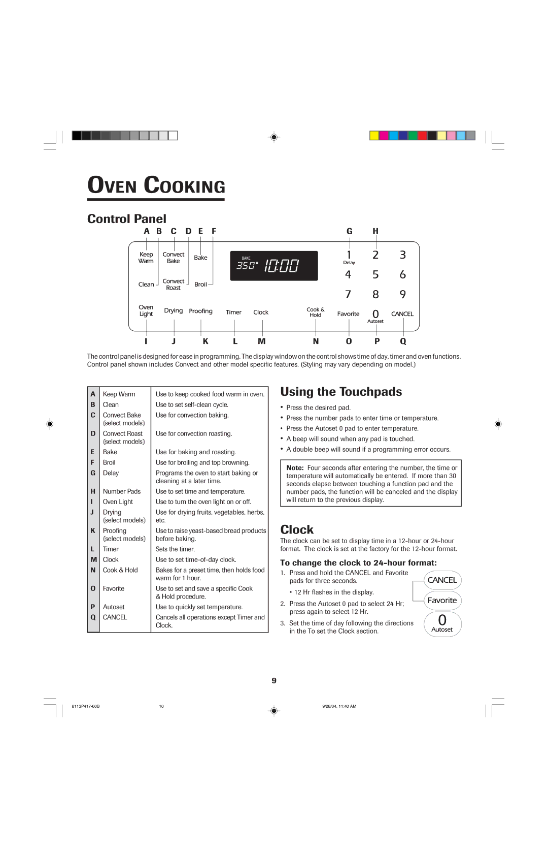 Jenn-Air 800 important safety instructions Oven Cooking, Control Panel, Using the Touchpads, Clock, C D E Fg H K L Mn O P Q 