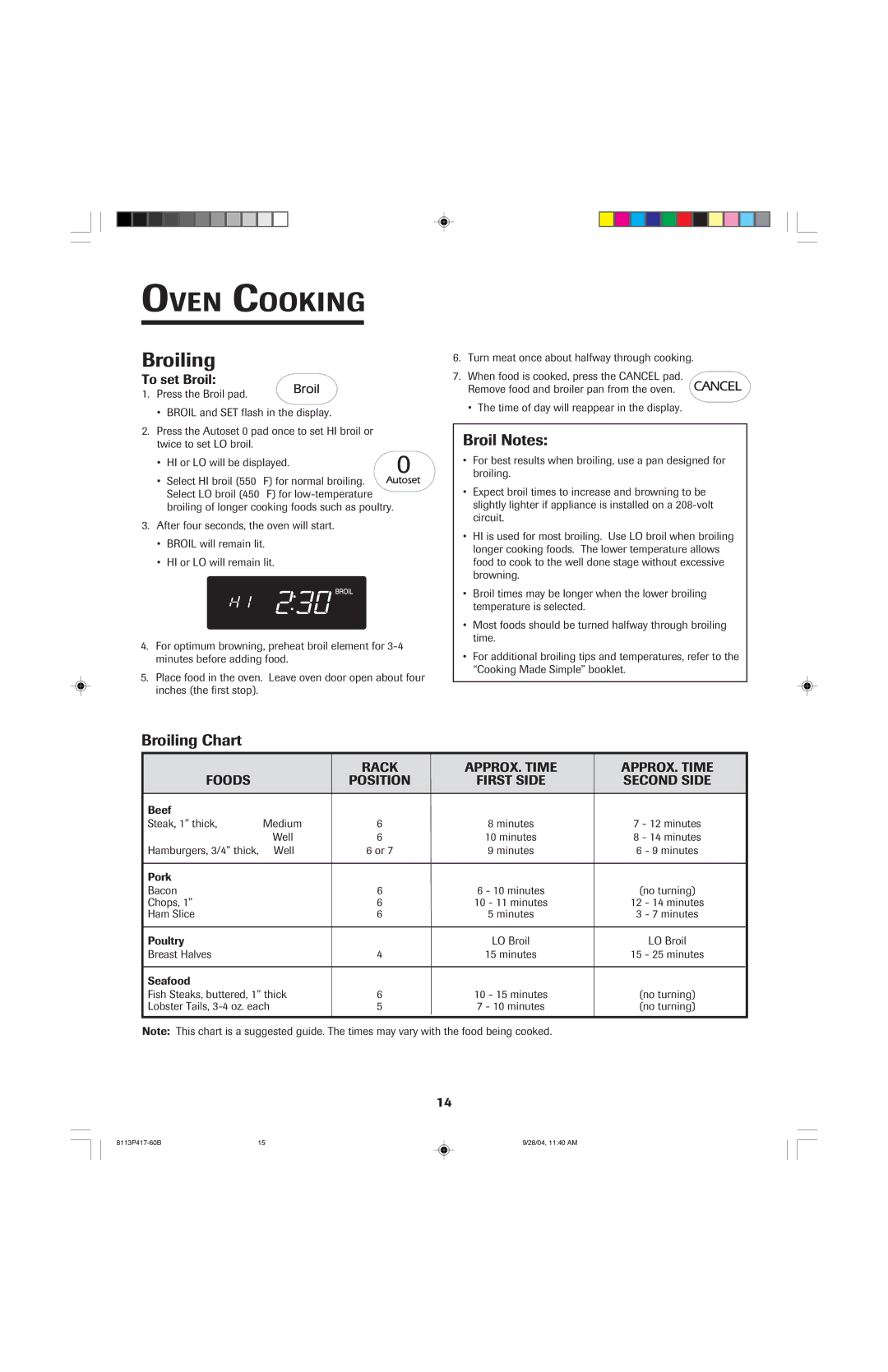 Jenn-Air 800 important safety instructions Broil Notes, Broiling Chart, To set Broil, Rack APPROX. Time Foods Position 