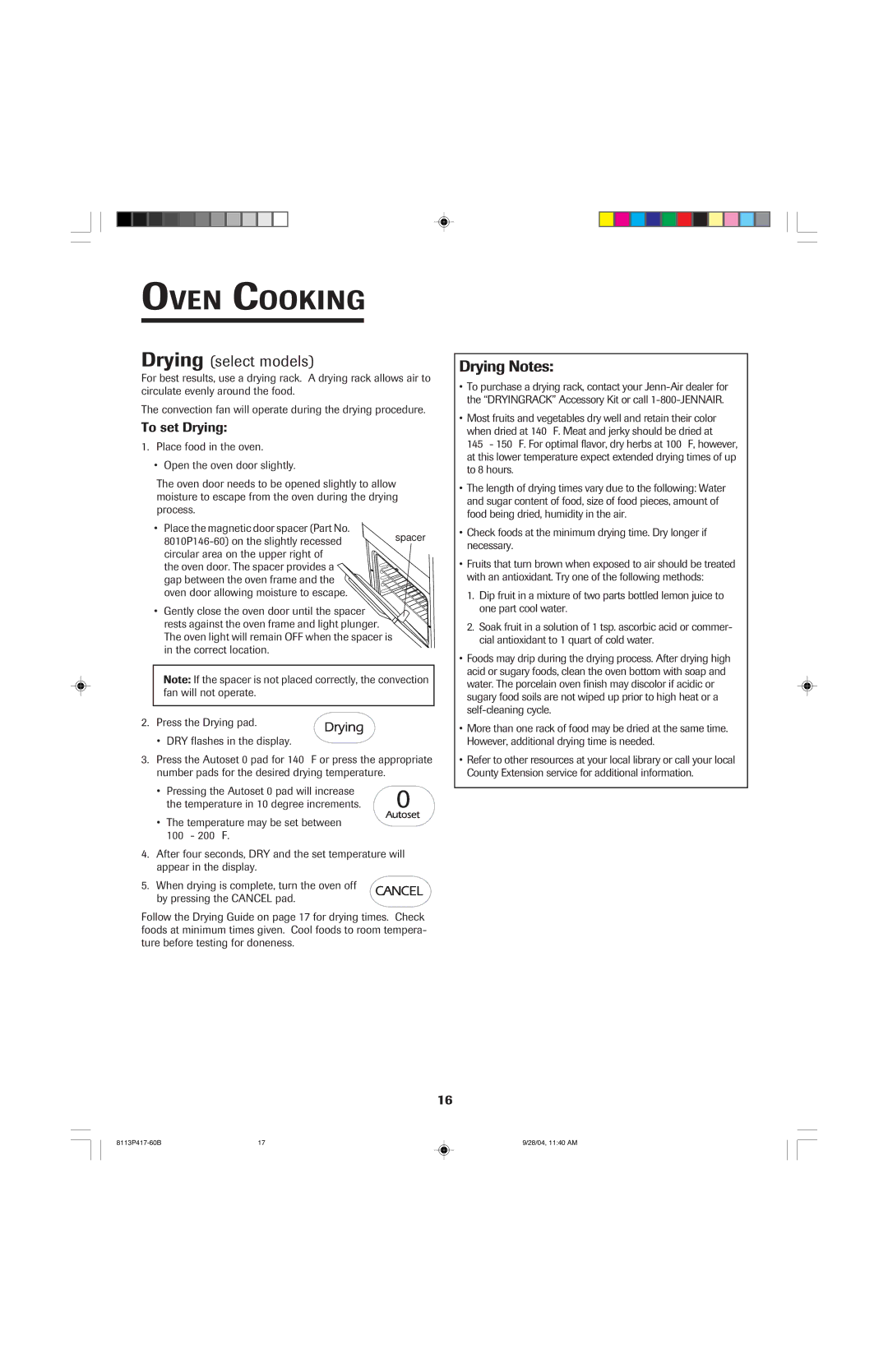 Jenn-Air 800 important safety instructions Drying select models, Drying Notes, To set Drying 