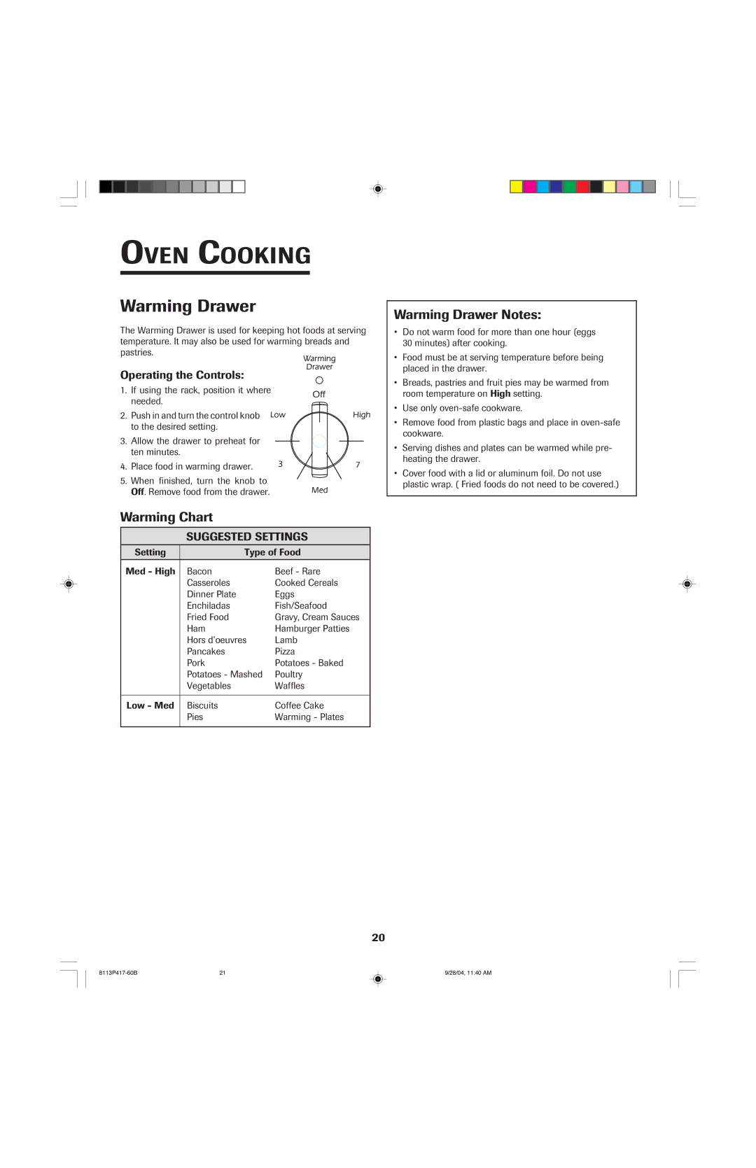 Jenn-Air 800 Warming Chart, Warming Drawer Notes, Operating the Controls, Suggested Settings 