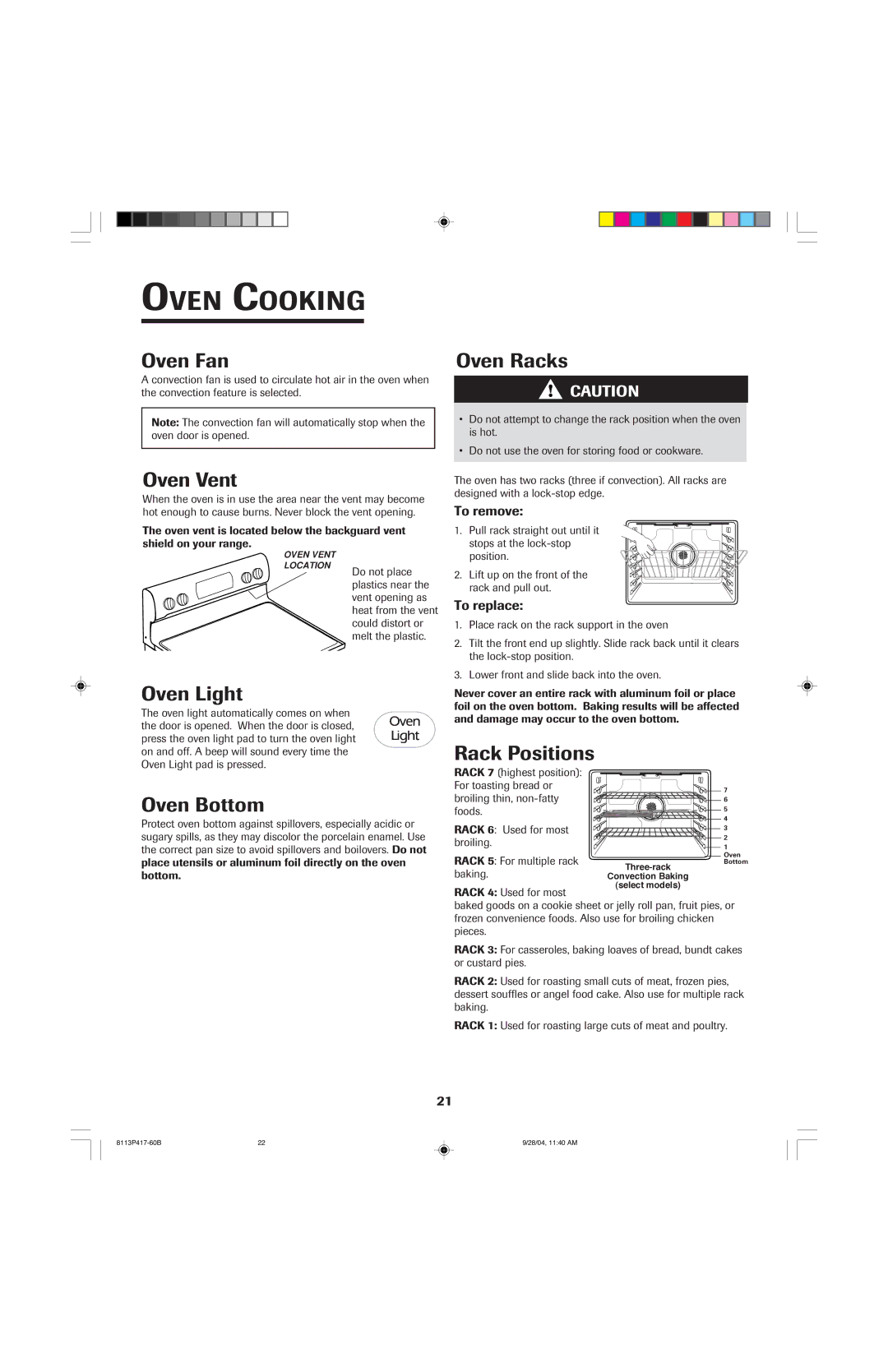 Jenn-Air 800 important safety instructions Oven Fan, Oven Vent, Oven Racks, Oven Light, Oven Bottom, Rack Positions 