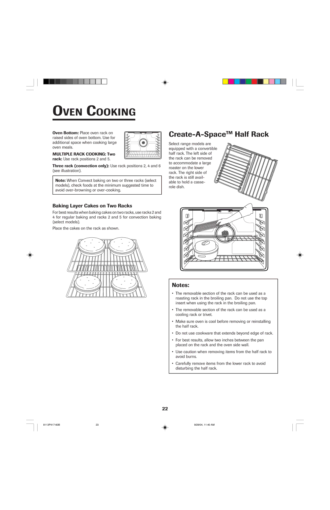 Jenn-Air 800 important safety instructions Create-A-SpaceTMHalf Rack, Baking Layer Cakes on Two Racks 