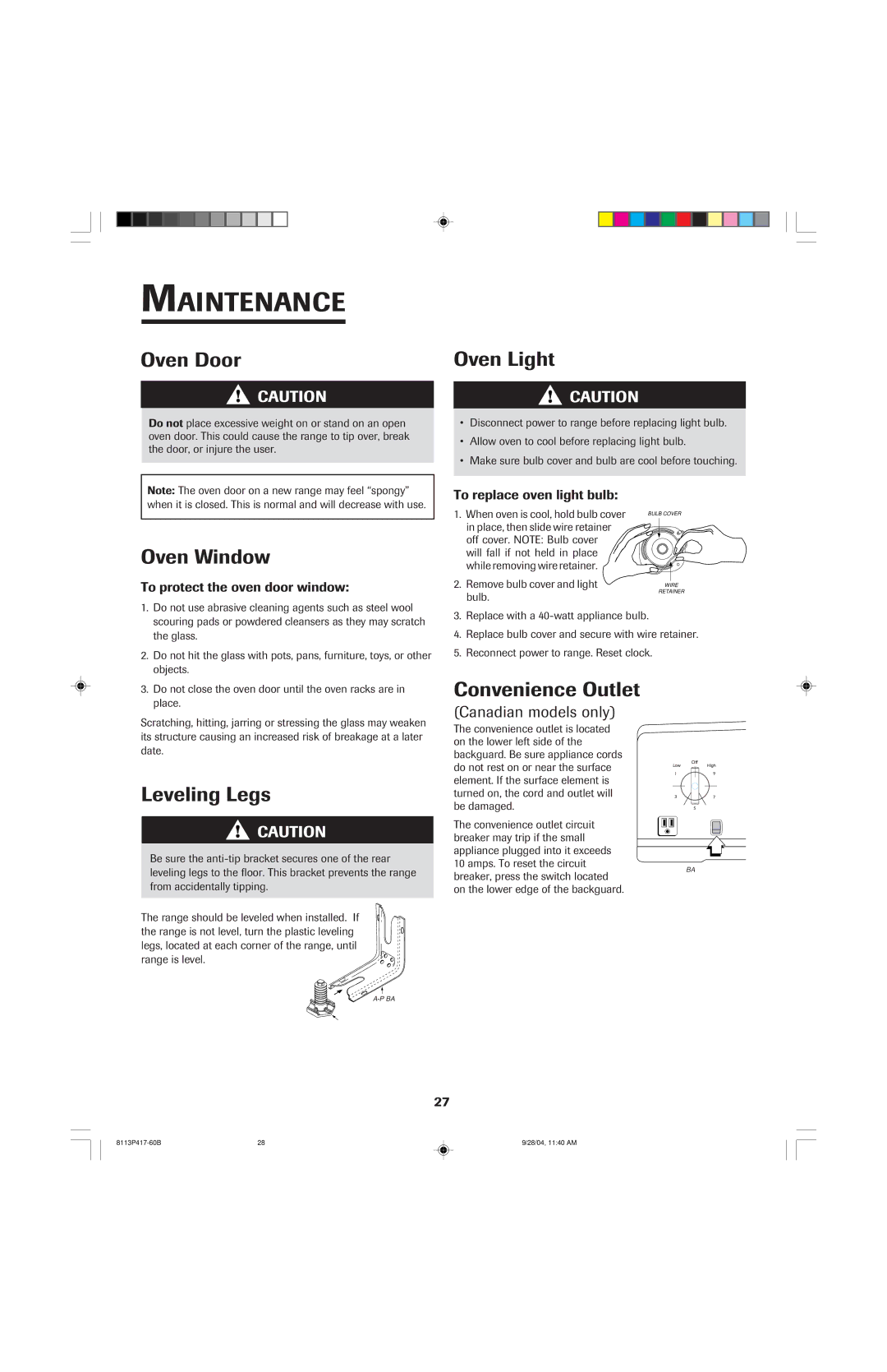 Jenn-Air 800 Maintenance, Oven Window, Leveling Legs, Convenience Outlet, Canadian models only 