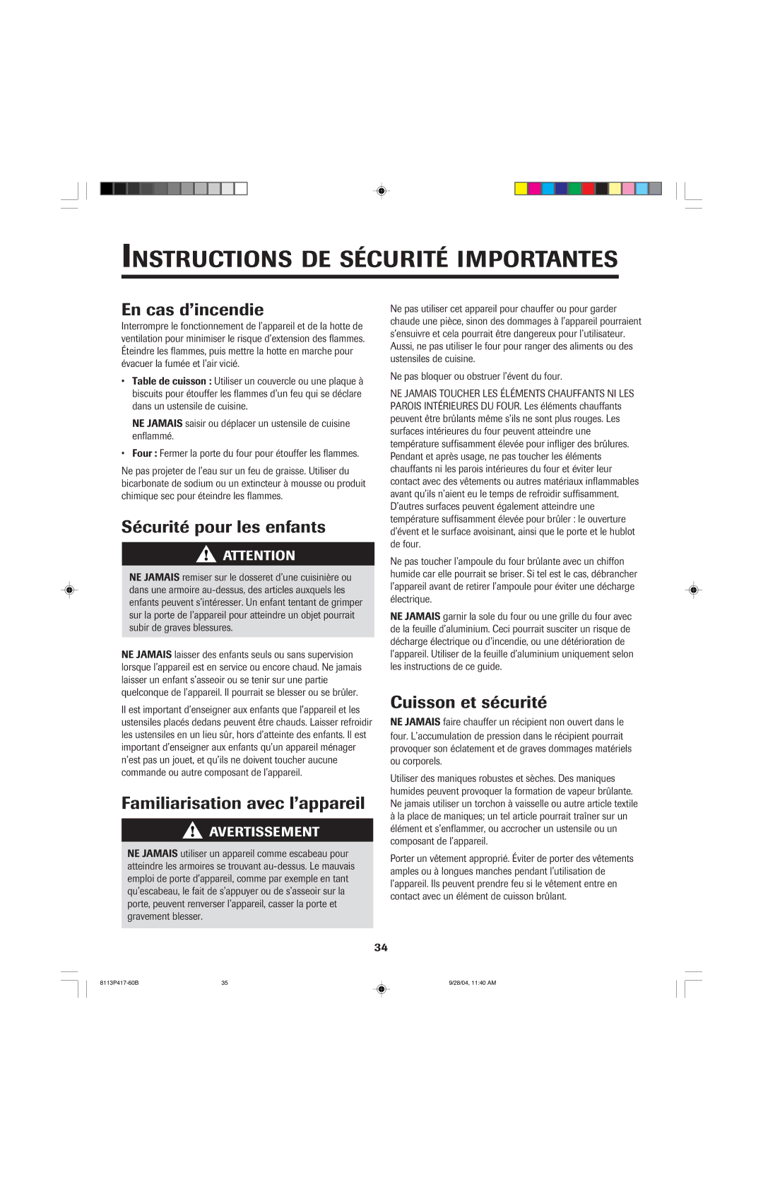 Jenn-Air 800 En cas d’incendie, Sécurité pour les enfants, Familiarisation avec l’appareil, Cuisson et sécurité 