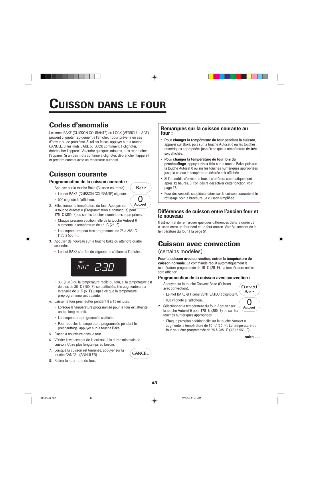 Jenn-Air 800 important safety instructions Codes d’anomalie, Cuisson courante, Cuisson avec convection 