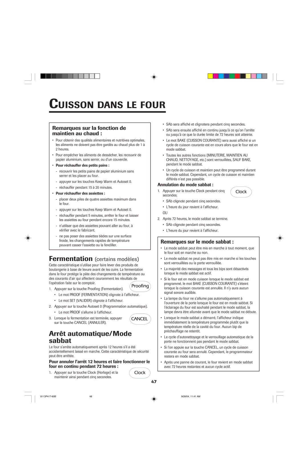 Jenn-Air 800 Arrêt automatique/Mode sabbat, Remarques sur la fonction de maintien au chaud, Fermentation certains modèles 