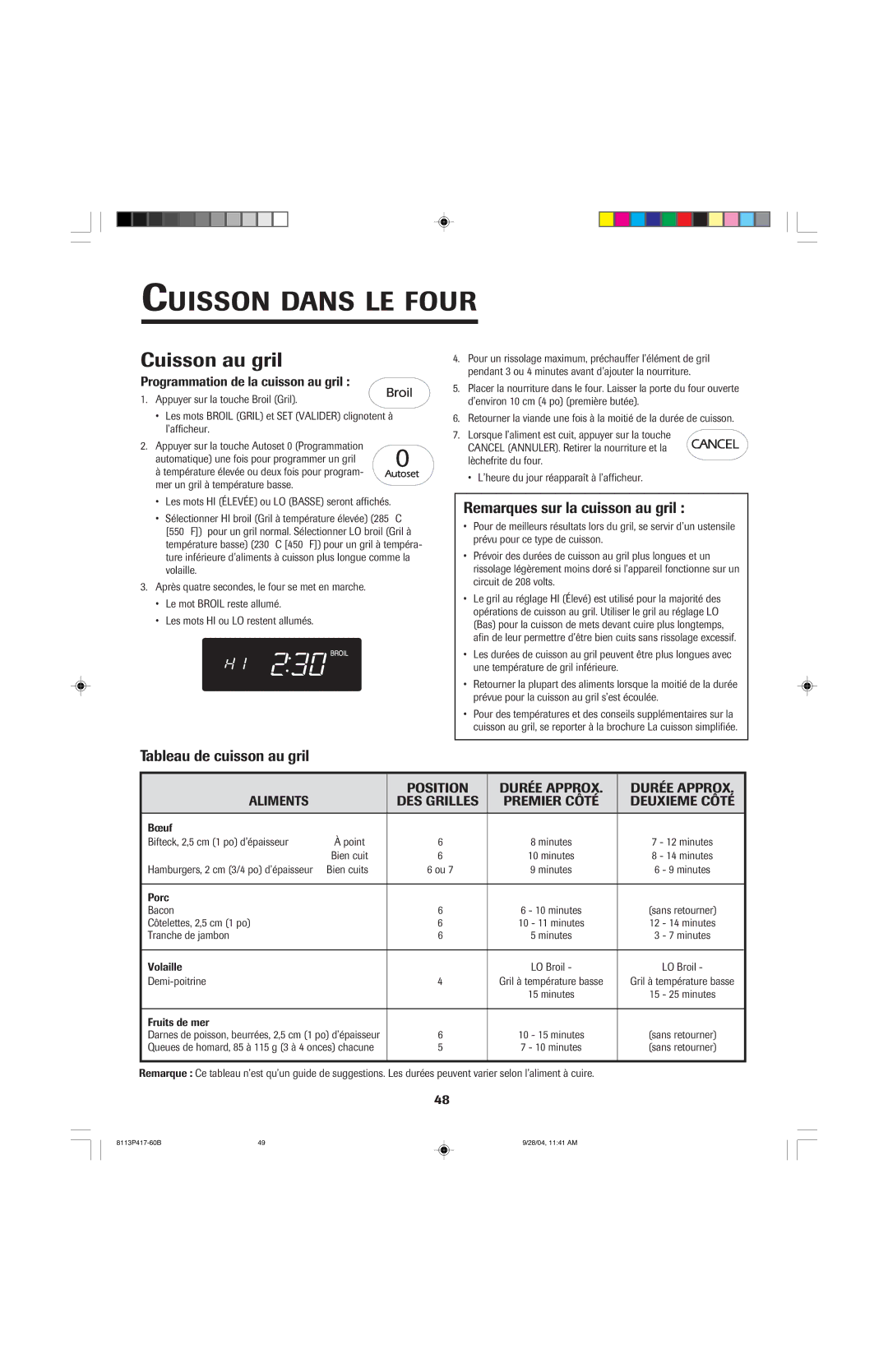 Jenn-Air 800 Cuisson au gril, Tableau de cuisson au gril, Remarques sur la cuisson au gril, Position Durée Approx Aliments 