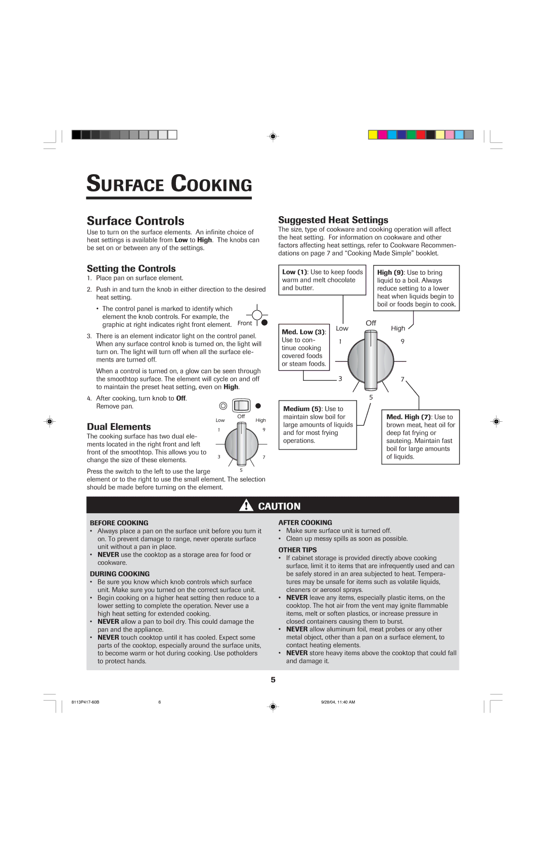 Jenn-Air 800 Surface Cooking, Surface Controls, Suggested Heat Settings, Setting the Controls, Dual Elements 