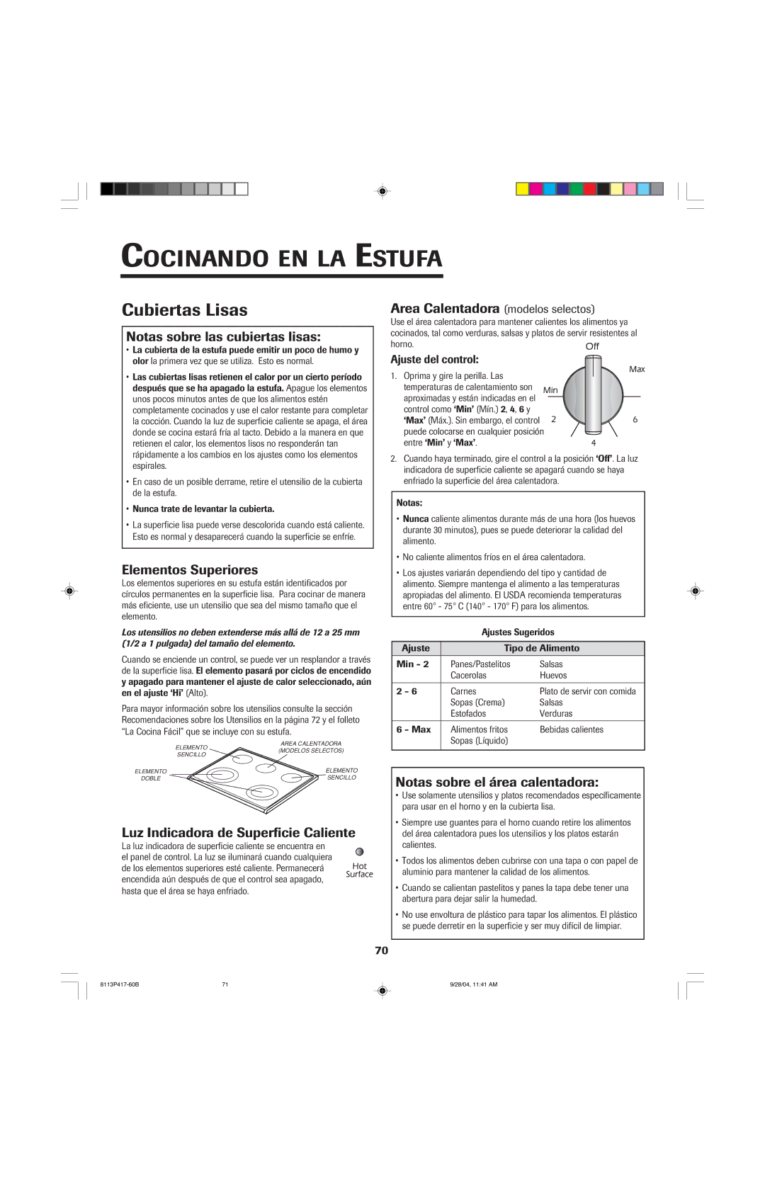 Jenn-Air 800 Cubiertas Lisas, Notas sobre las cubiertas lisas, Elementos Superiores, Luz Indicadora de Superficie Caliente 