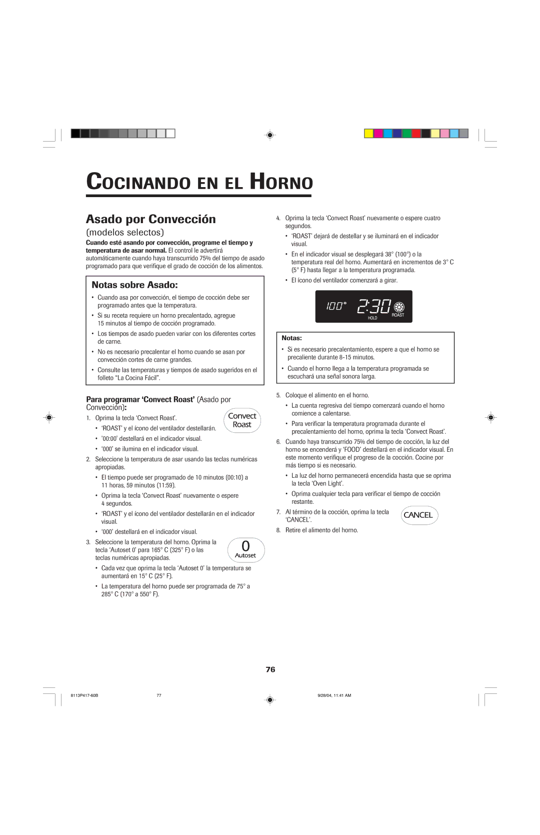 Jenn-Air 800 important safety instructions Notas sobre Asado, Para programar ‘Convect Roast’ Asado por Convección 