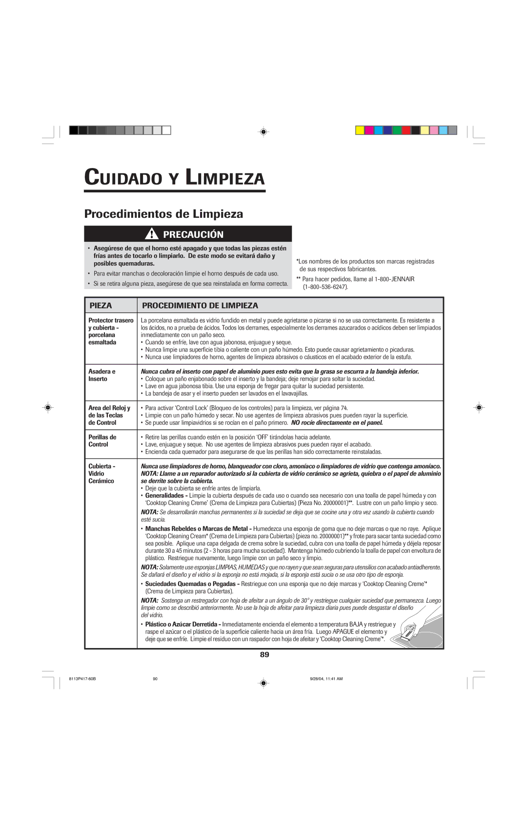 Jenn-Air 800 important safety instructions Procedimientos de Limpieza, Pieza Procedimiento DE Limpieza 