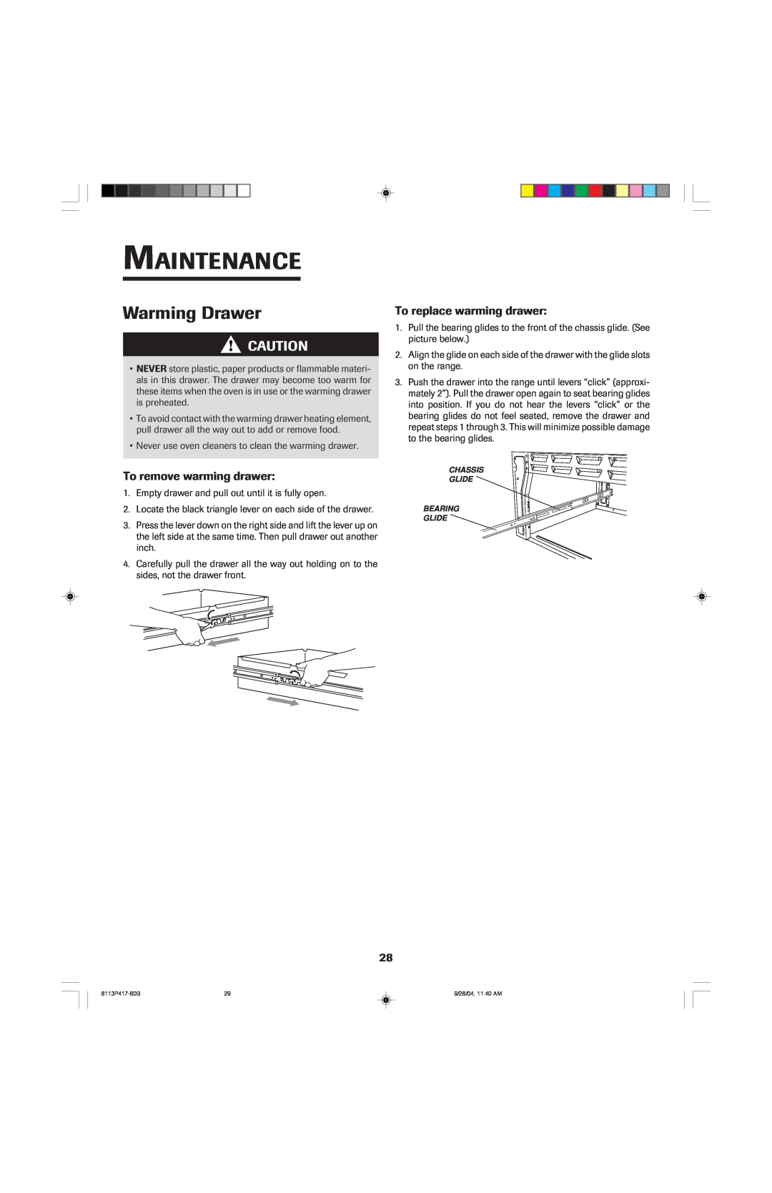 Jenn-Air 800 To remove warming drawer, To replace warming drawer, Maintenance, Warming Drawer, Chassis Glide 