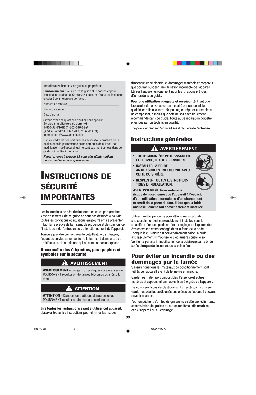Jenn-Air 800 important safety instructions Instructions De Sécurité Importantes, Instructions générales, Avertissement 
