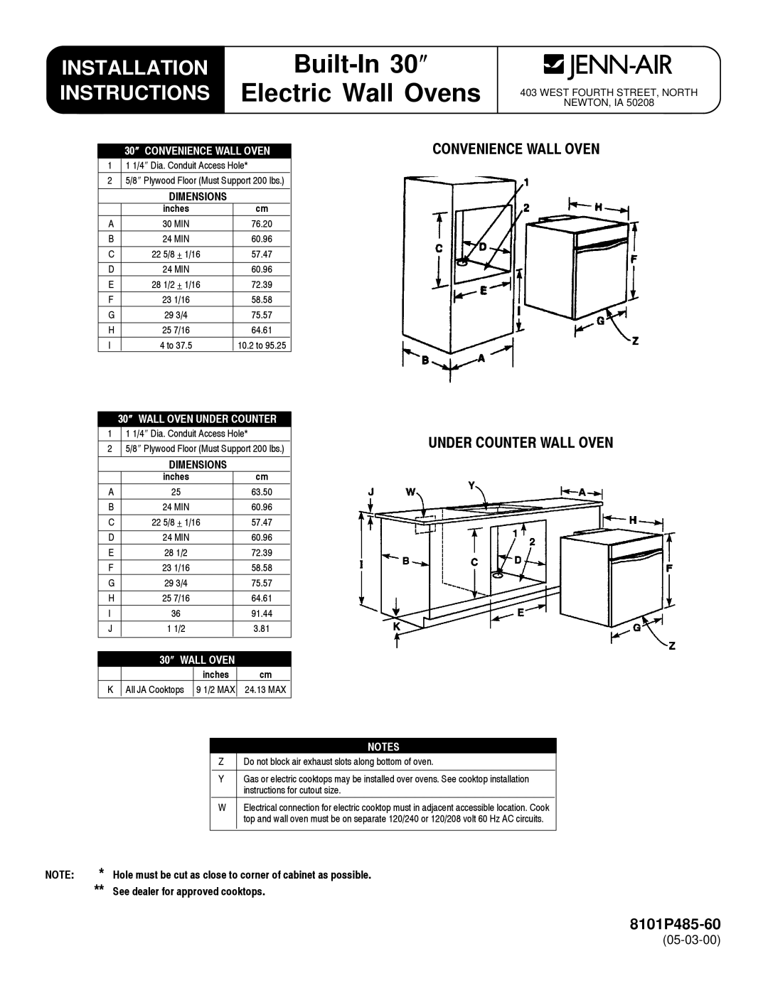 Jenn-Air 8101P485-60 installation instructions Convenience Wall Oven, Under Counter Wall Oven, Dimensions 