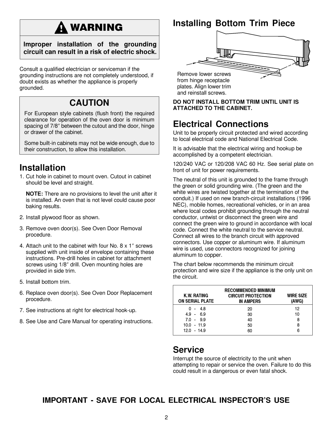 Jenn-Air 8101P485-60 installation instructions Installation, Installing Bottom Trim Piece, Electrical Connections, Service 