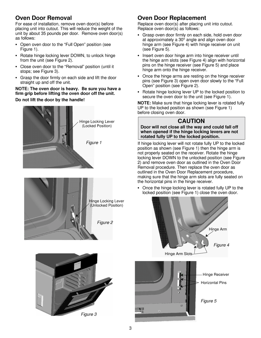 Jenn-Air 8101P485-60 installation instructions Oven Door Removal, Oven Door Replacement 