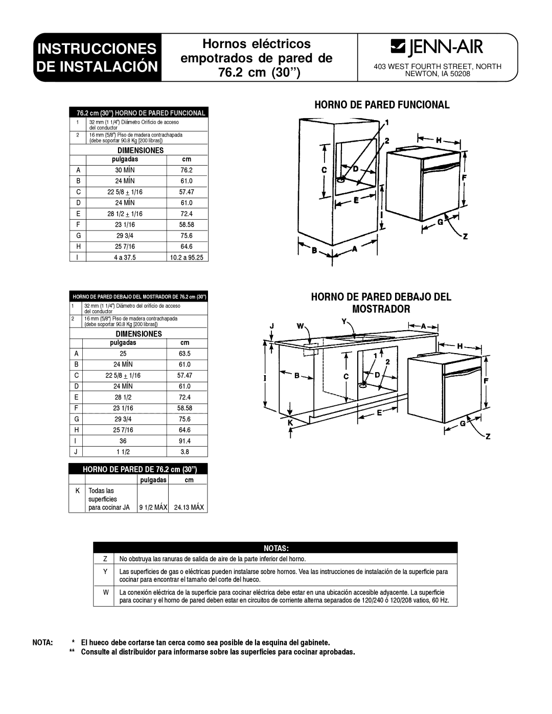 Jenn-Air 8101P485-60 76.2 cm, Horno DE Pared Funcional, Horno DE Pared Debajo DEL Mostrador, Dimensiones, Nota 