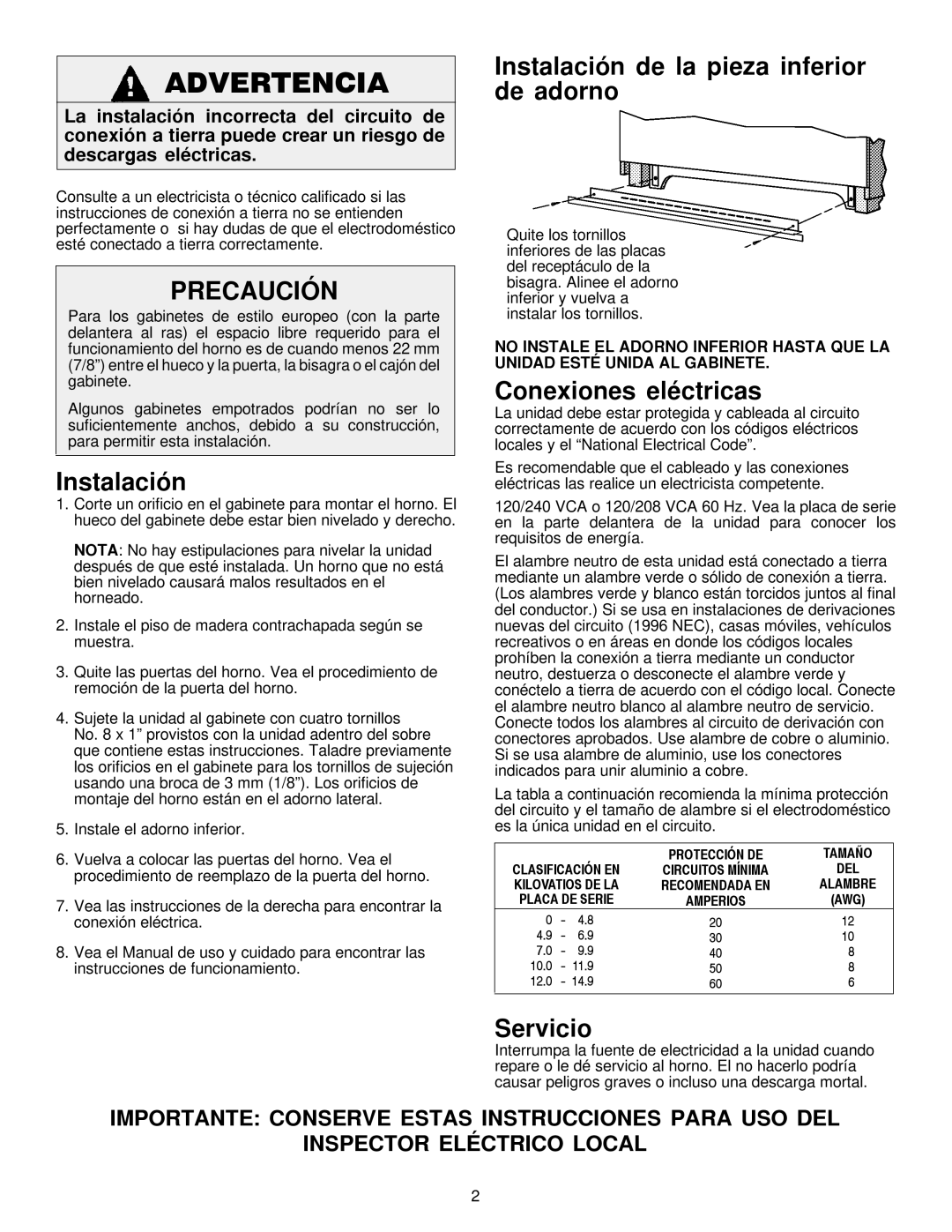 Jenn-Air 8101P485-60 Instalación de la pieza inferior de adorno, Conexiones eléctricas, Servicio, Protección DE Tamaño 