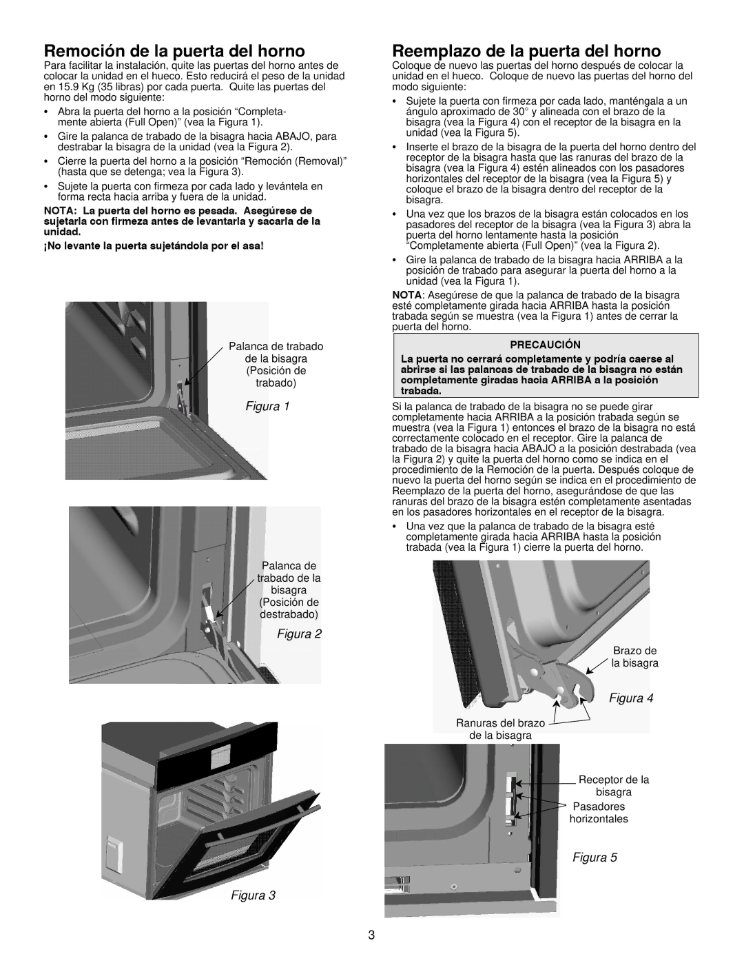 Jenn-Air 8101P485-60 installation instructions Remoción de la puerta del horno, Reemplazo de la puerta del horno 