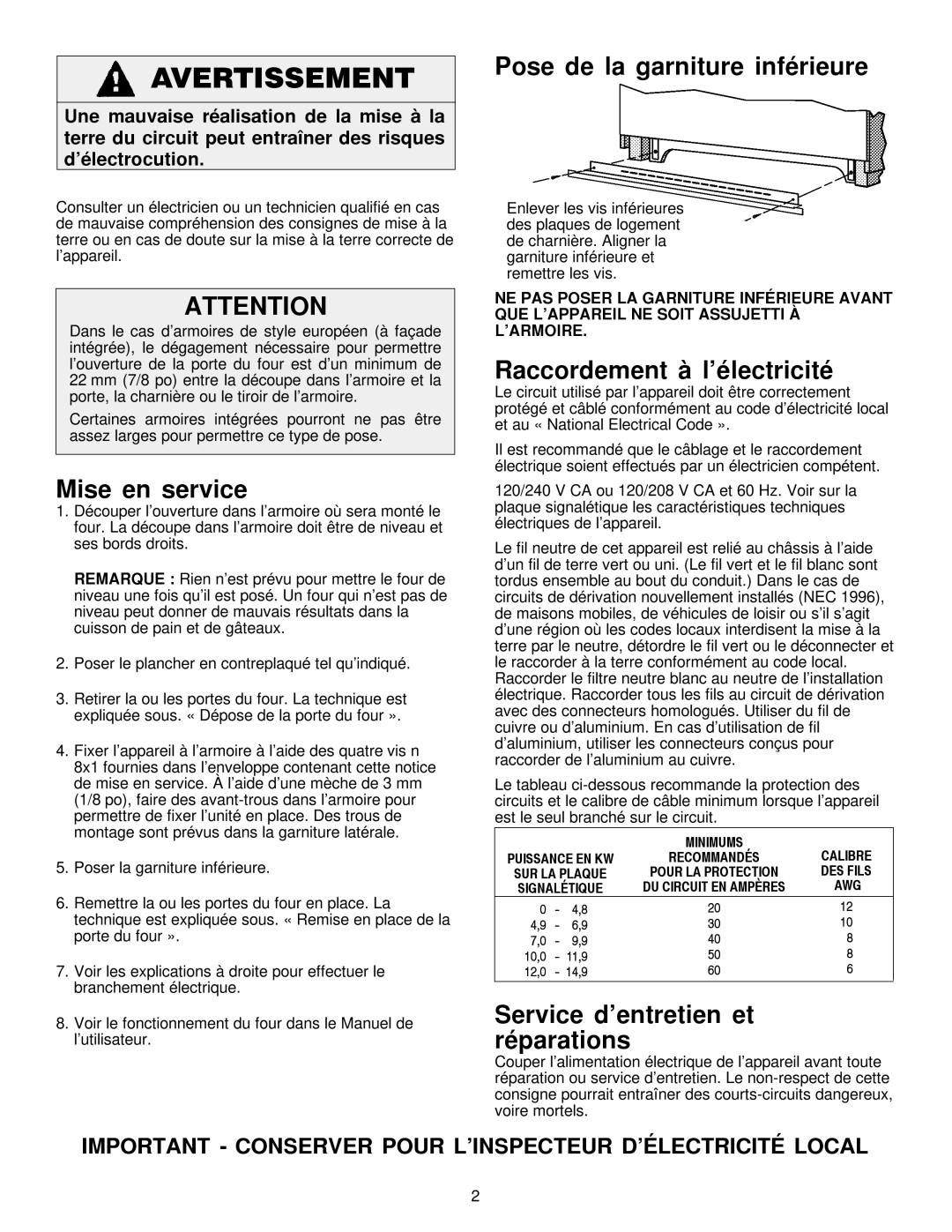 Jenn-Air 8101P485-60 Mise en service, Pose de la garniture inférieure, Raccordement à l’électricité, Minimums Calibre 