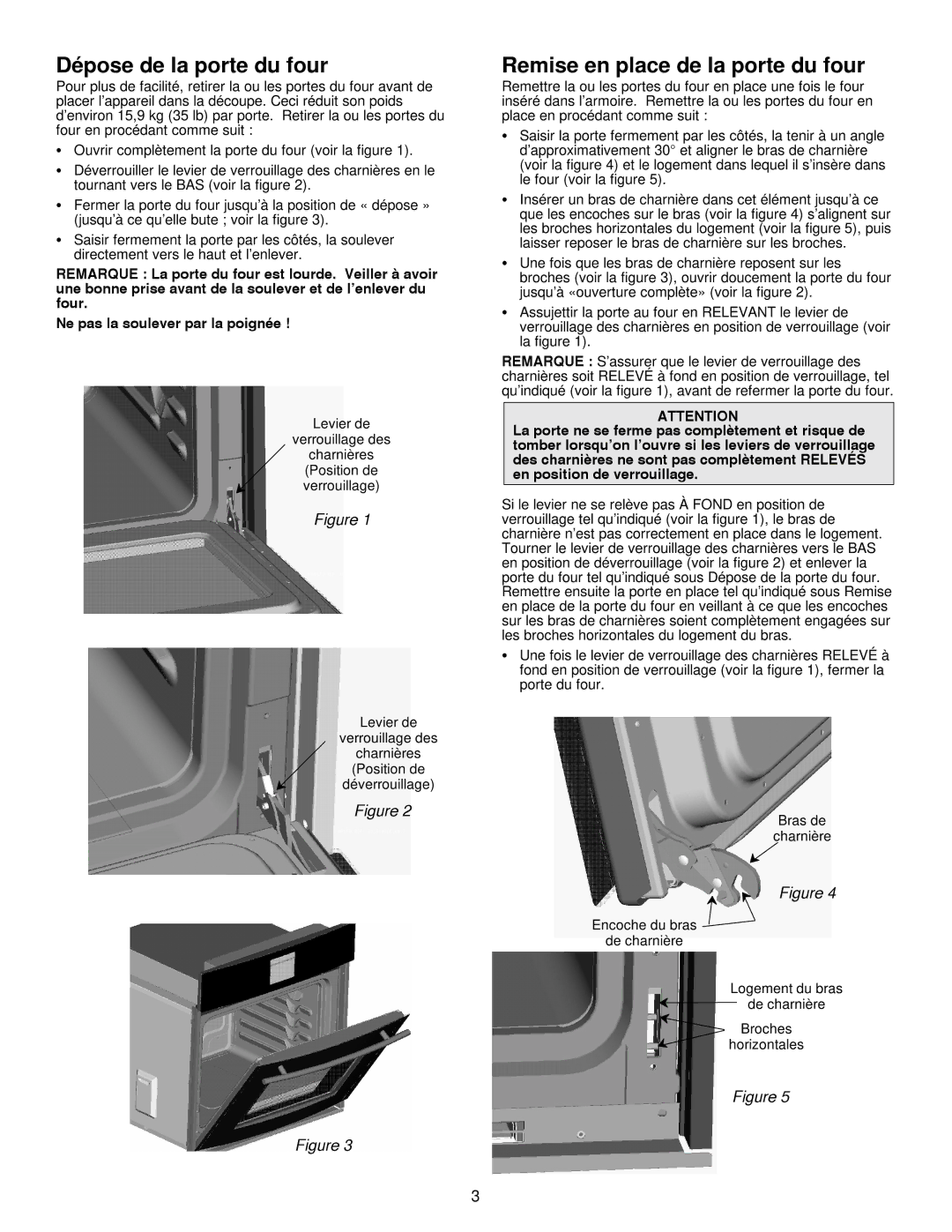 Jenn-Air 8101P485-60 installation instructions Dépose de la porte du four, Remise en place de la porte du four 