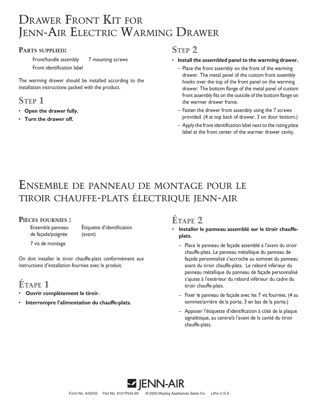 Jenn-Air 8101P542-60 installation instructions Drawer Front KIT for JENN-AIR Electric Warming Drawer 