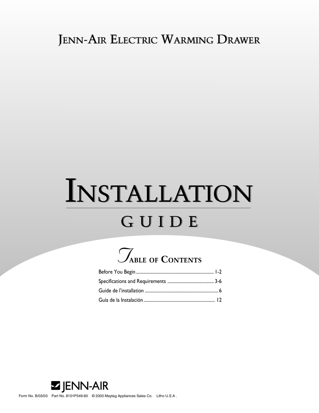 Jenn-Air 8101P549-60 specifications Installation 