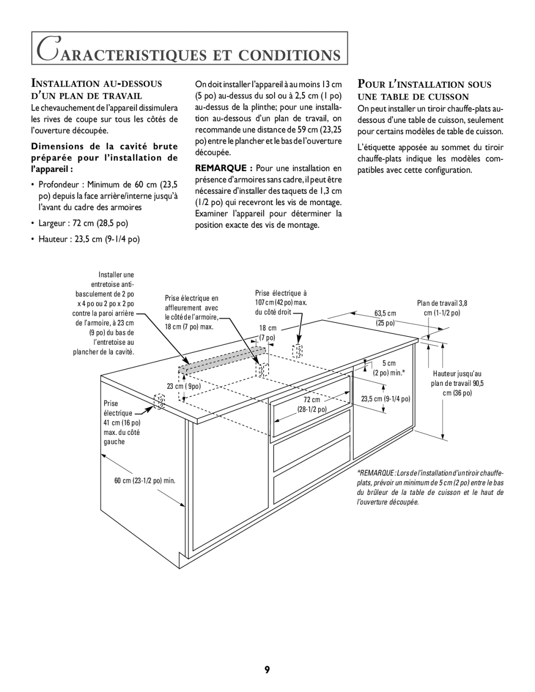 Jenn-Air 8101P549-60 specifications Caracteristiques ET Conditions, ¥ Largeur 72 cm 28,5 po ¥ Hauteur 23,5 cm 9-1/4 po 