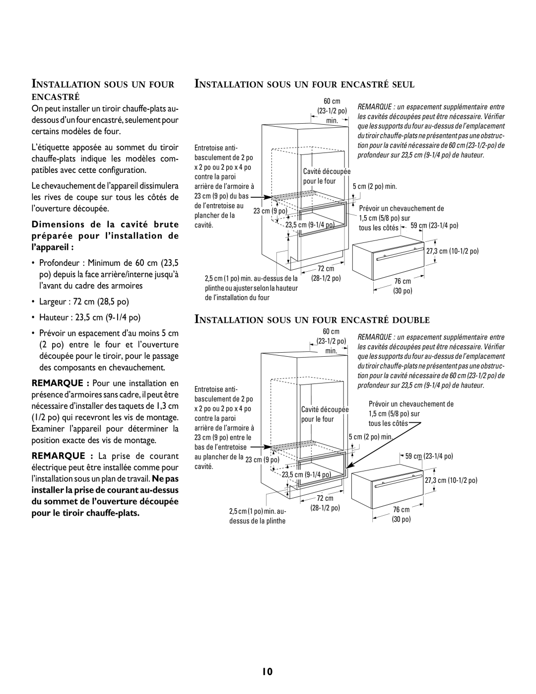 Jenn-Air 8101P549-60 specifications LÕavant du cadre des armoires, Largeur 72 cm 28,5 po, Hauteur 23,5 cm 9-1/4 po 