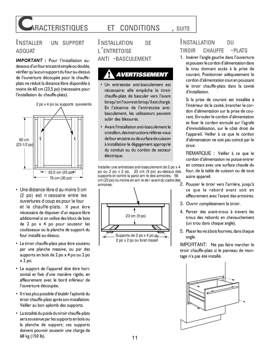 Jenn-Air 8101P549-60 specifications Caracteristiques ET CONDITIONS, Suite, Installer UN Support Adéquat 