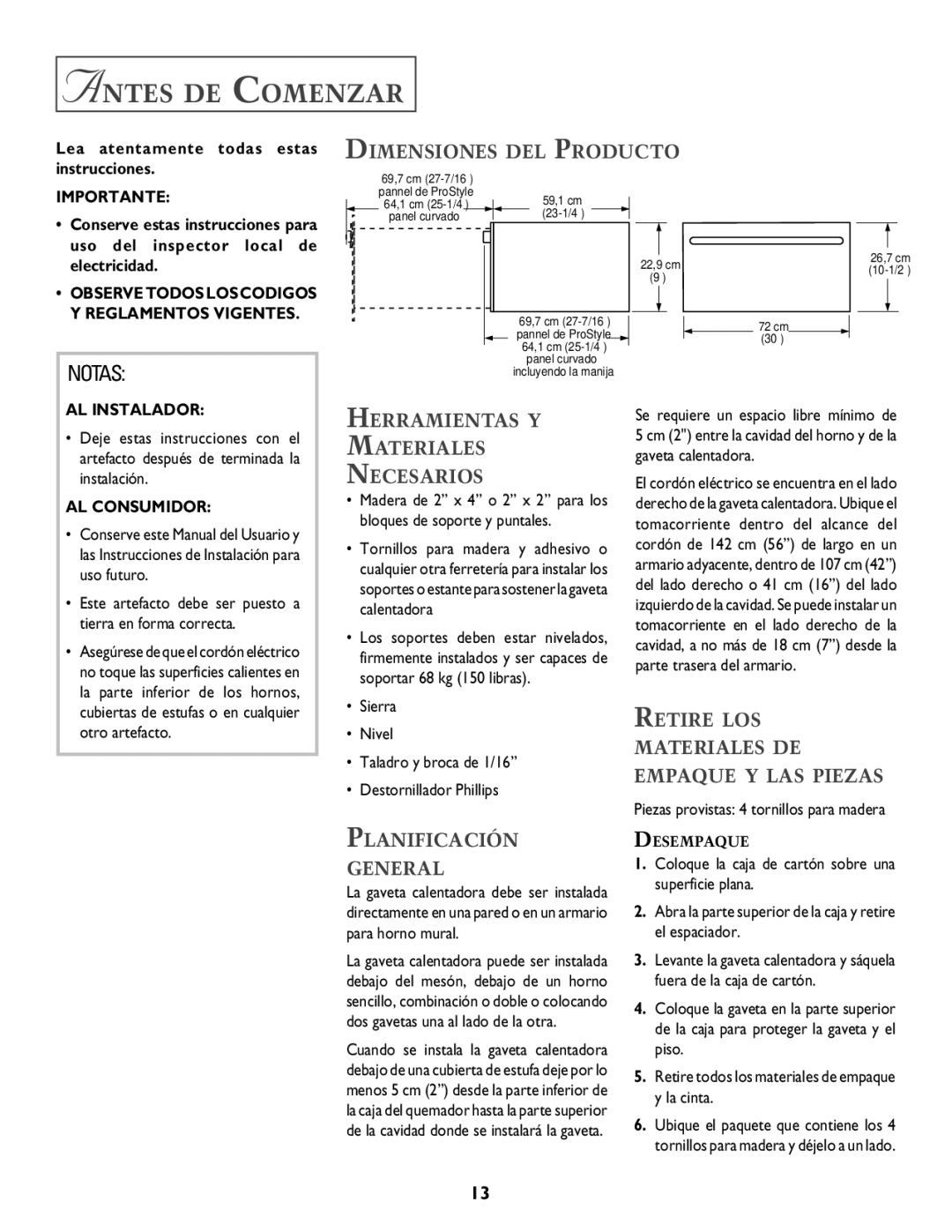 Jenn-Air 8101P549-60 specifications Antes DE Comenzar, Dimensiones DEL Producto, Herramientas Y Materiales Necesarios 